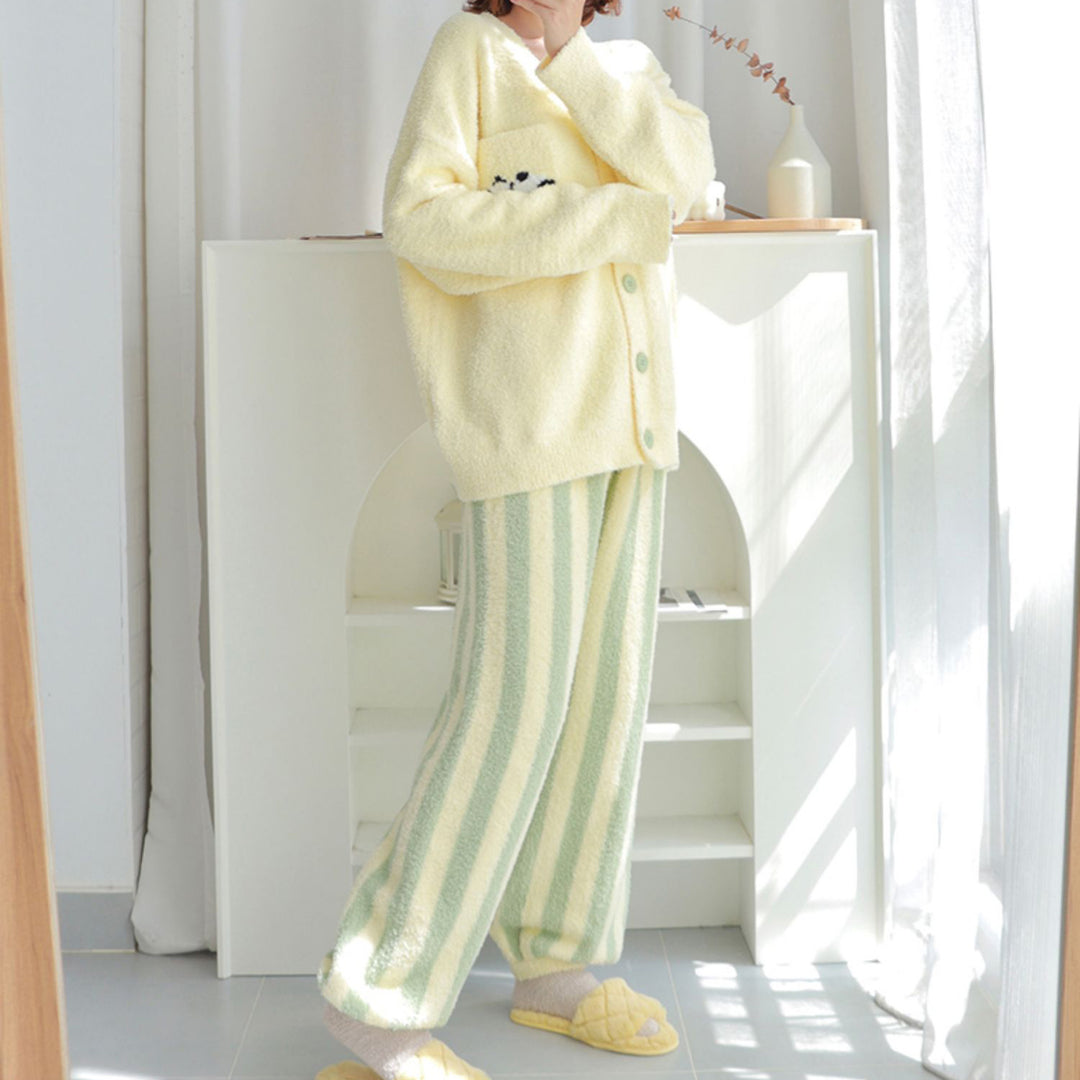 Panda Pattern V-neck Button-up Winter Pajamas Set