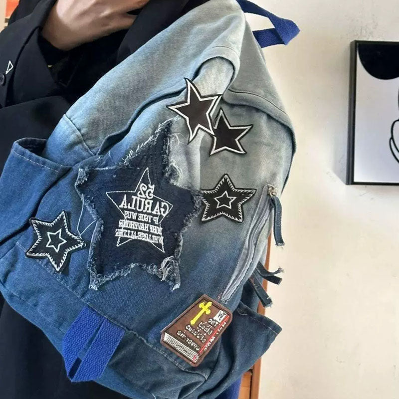 Stars Embroidery Denim Backpack