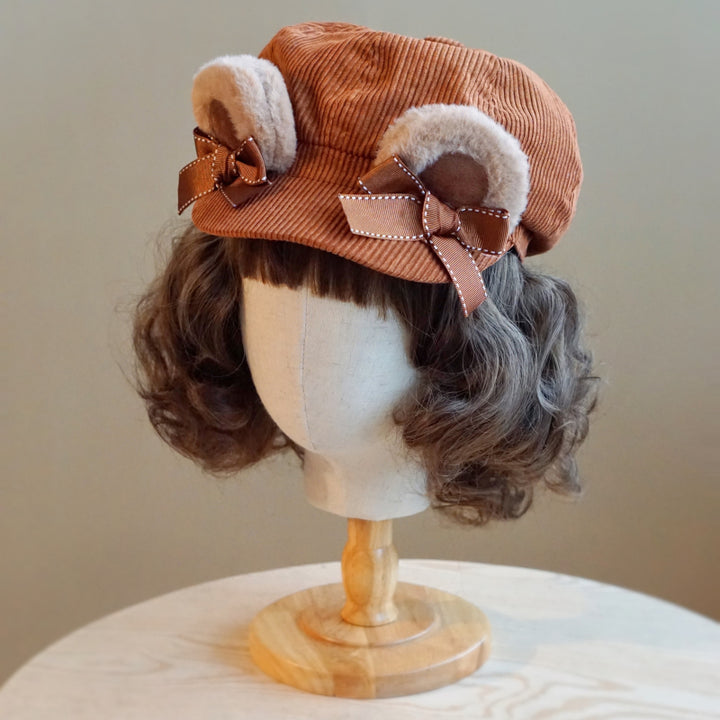 Velvet Bear Ear Corduroy Newsboy Cap with Bow