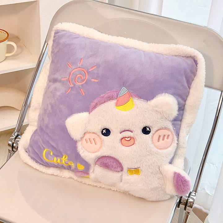 Cute Cartoon Animal Embroidery Pillow with Blanket