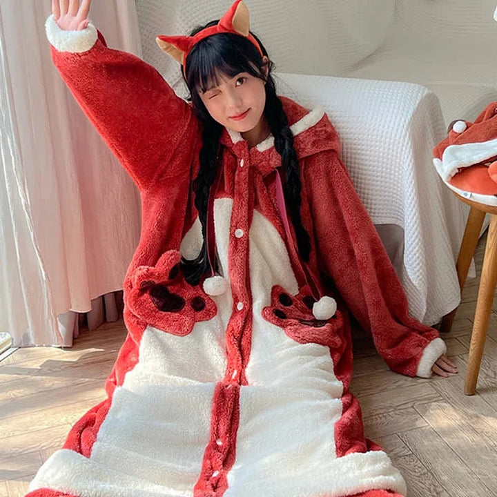 Cute Cartoon Fox Plush Hooded Pajamas Set