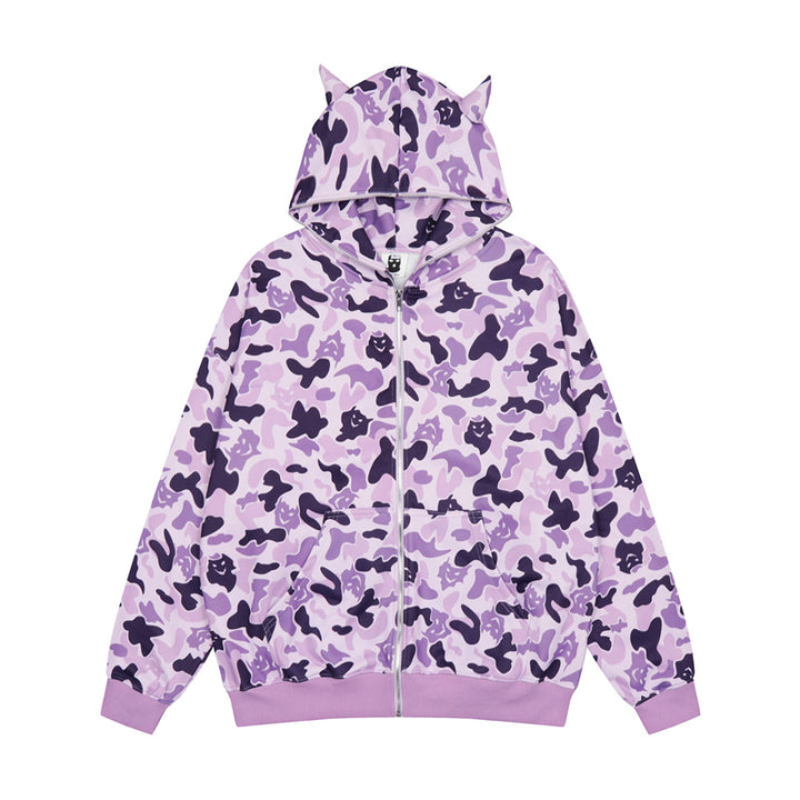 Camouflage Print Pocket Zipper Loose Hooded Sweatshirt