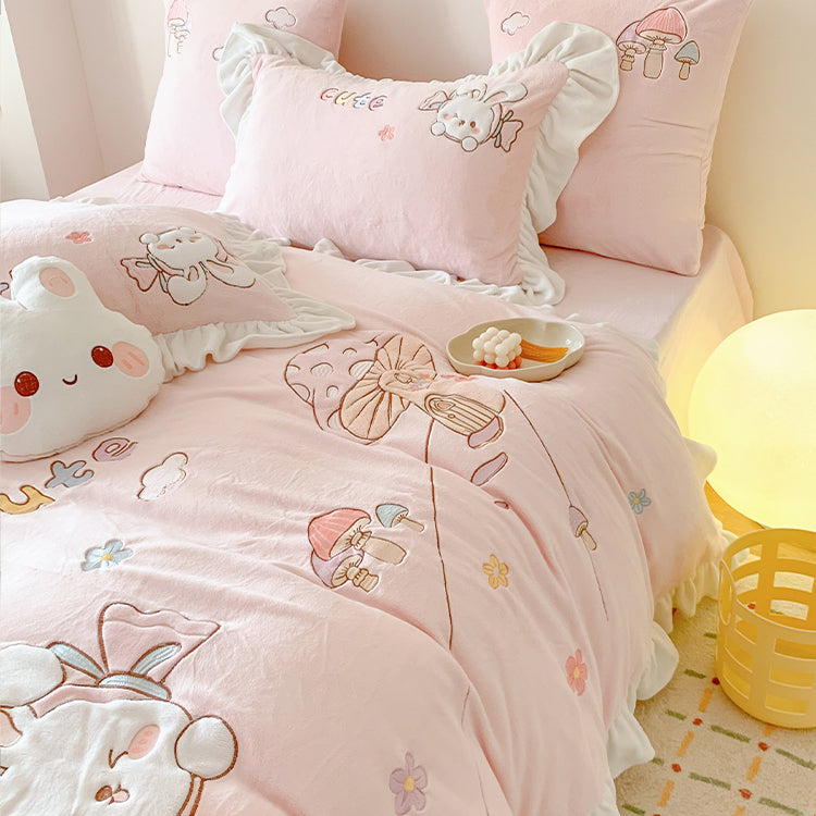 Cute Cartoon Rabbit Mushroom Embroidery Milk Velvet Autumn/Winter Duvet Cover Set