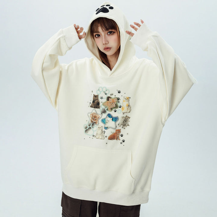 Kittys Print Pocket Loose Hoodie