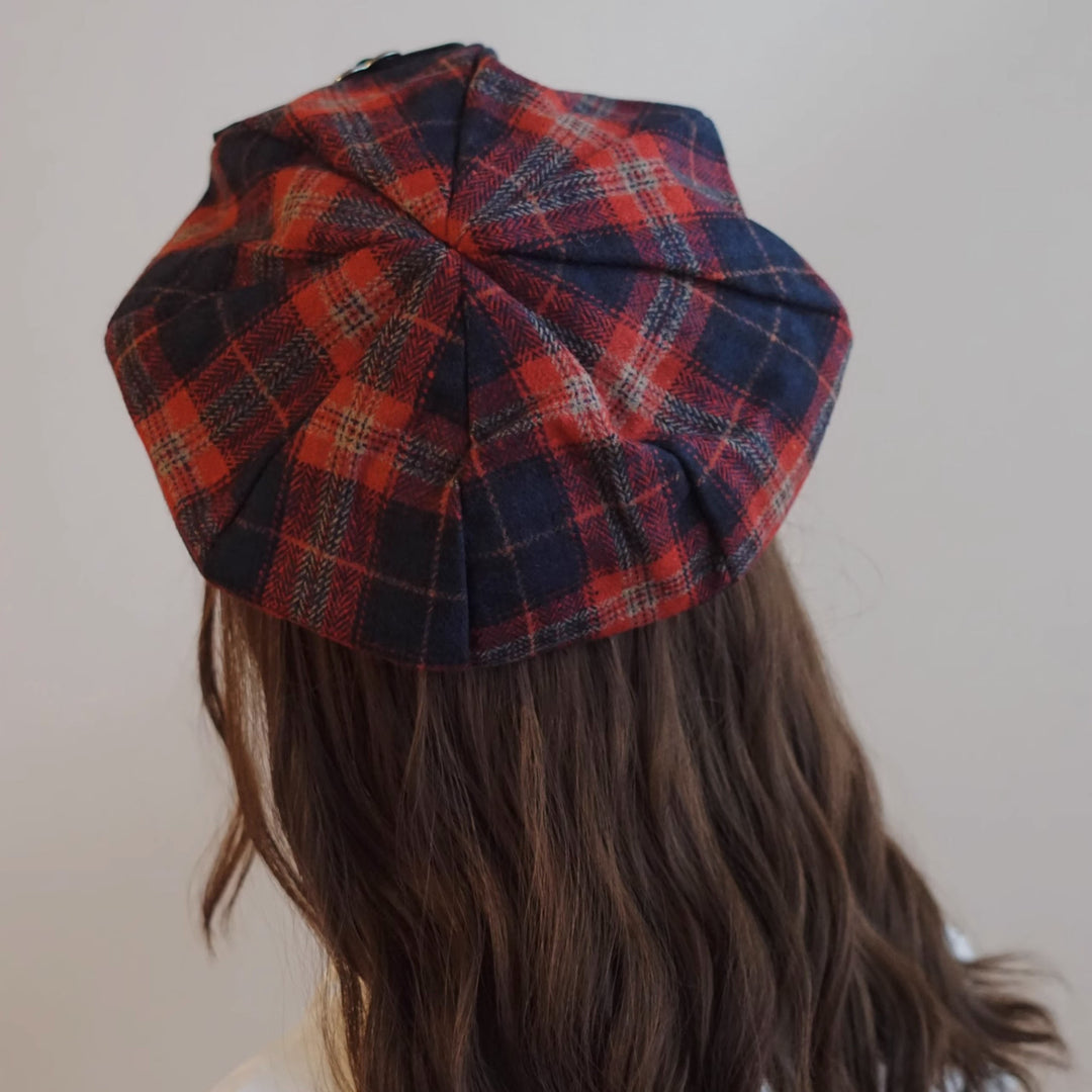 Red Plaid Beret with Leather Buckle