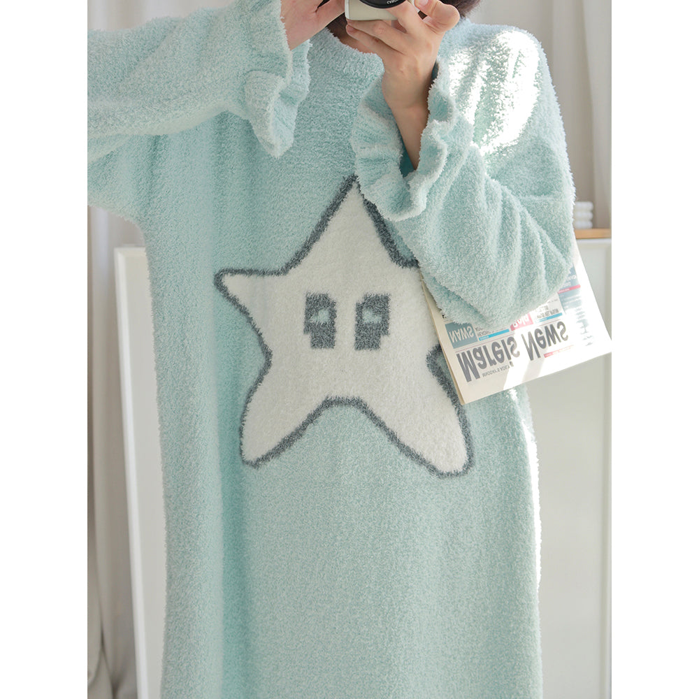 Cute Star Pattern Round Neck Winter Nightgown Pajamas Dress