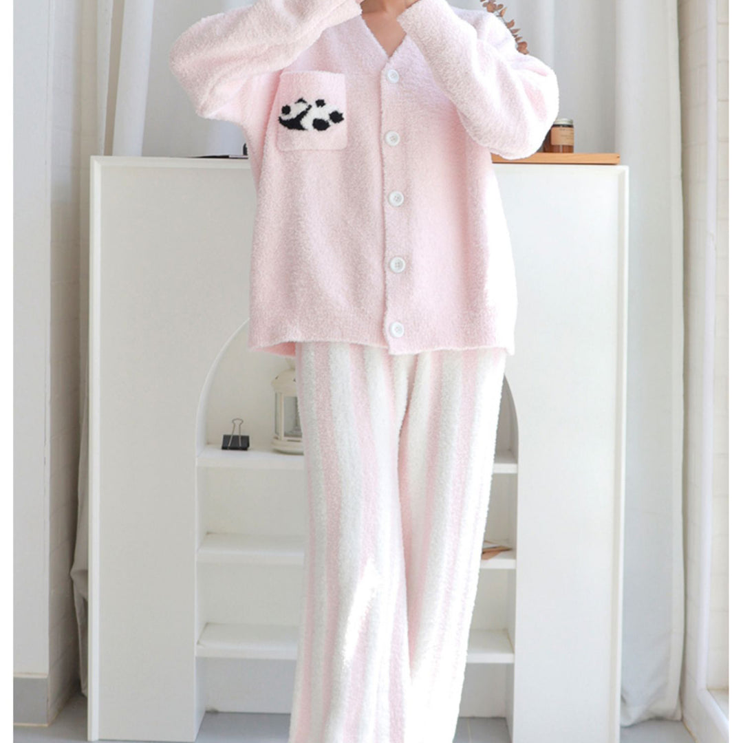 Panda Pattern V-neck Button-up Winter Pajamas Set