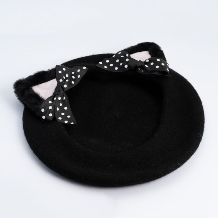 Black Polka Dot Woolen Cat Ears Beret