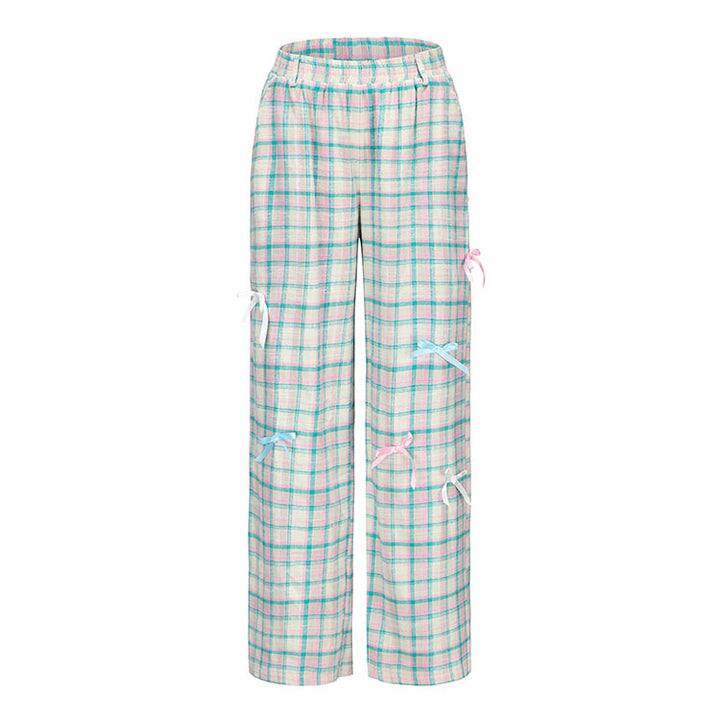 Summertime Chic Butterfly Bow Plaid Straight-Leg Pants