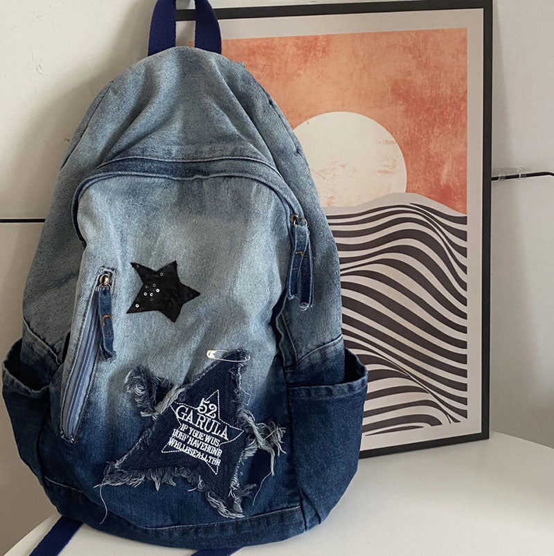 Stars Embroidery Denim Backpack