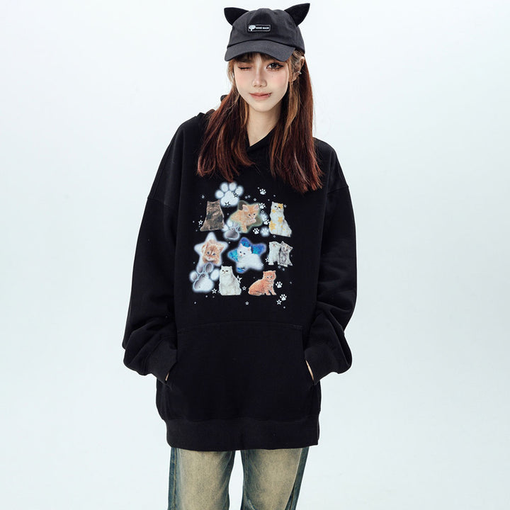 Kittys Print Pocket Loose Hoodie