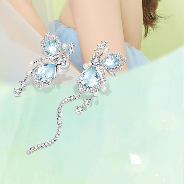 Elegant Blue Crystal Butterfly Ear Clips