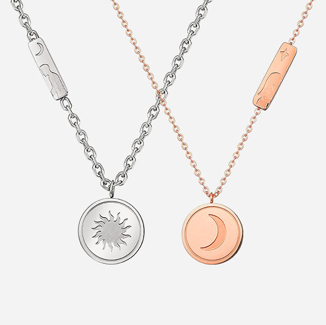 Couple’s Rose Gold Moon and Silver Sun Pendant Necklace