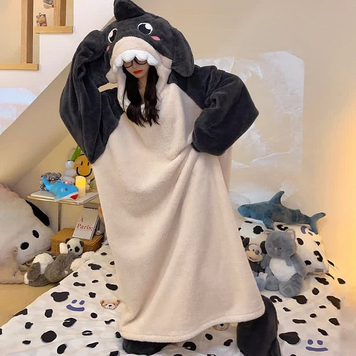 Funny Cartoon Shark Plush Hooded Jumpsuit Pajamas Dress