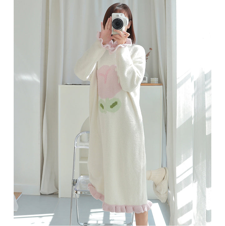 Tulip Pattern Round Neck Winter Nightgown Pajamas Dress