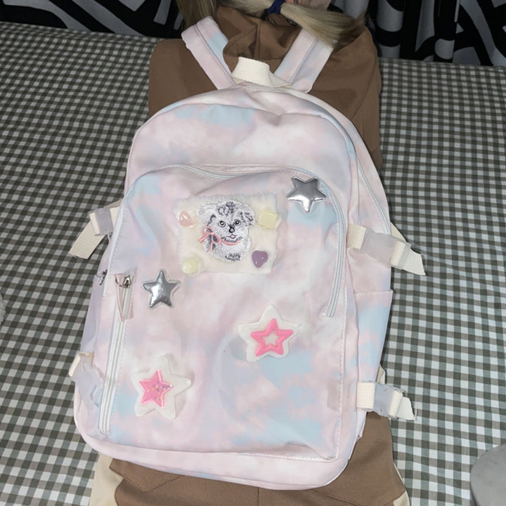 Stars Embroidery Pink Tie-dye Backpack