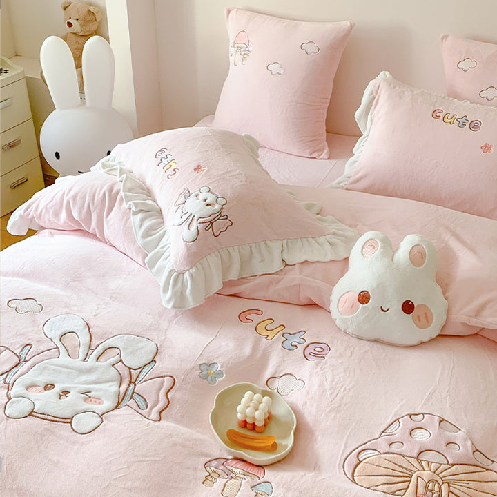 Cute Cartoon Rabbit Mushroom Embroidery Milk Velvet Autumn/Winter Duvet Cover Set