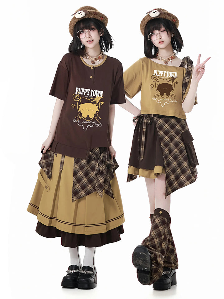 Cute Puppy Brown Yellow T-Shirts /Plaid Skirts / Leg Warmers