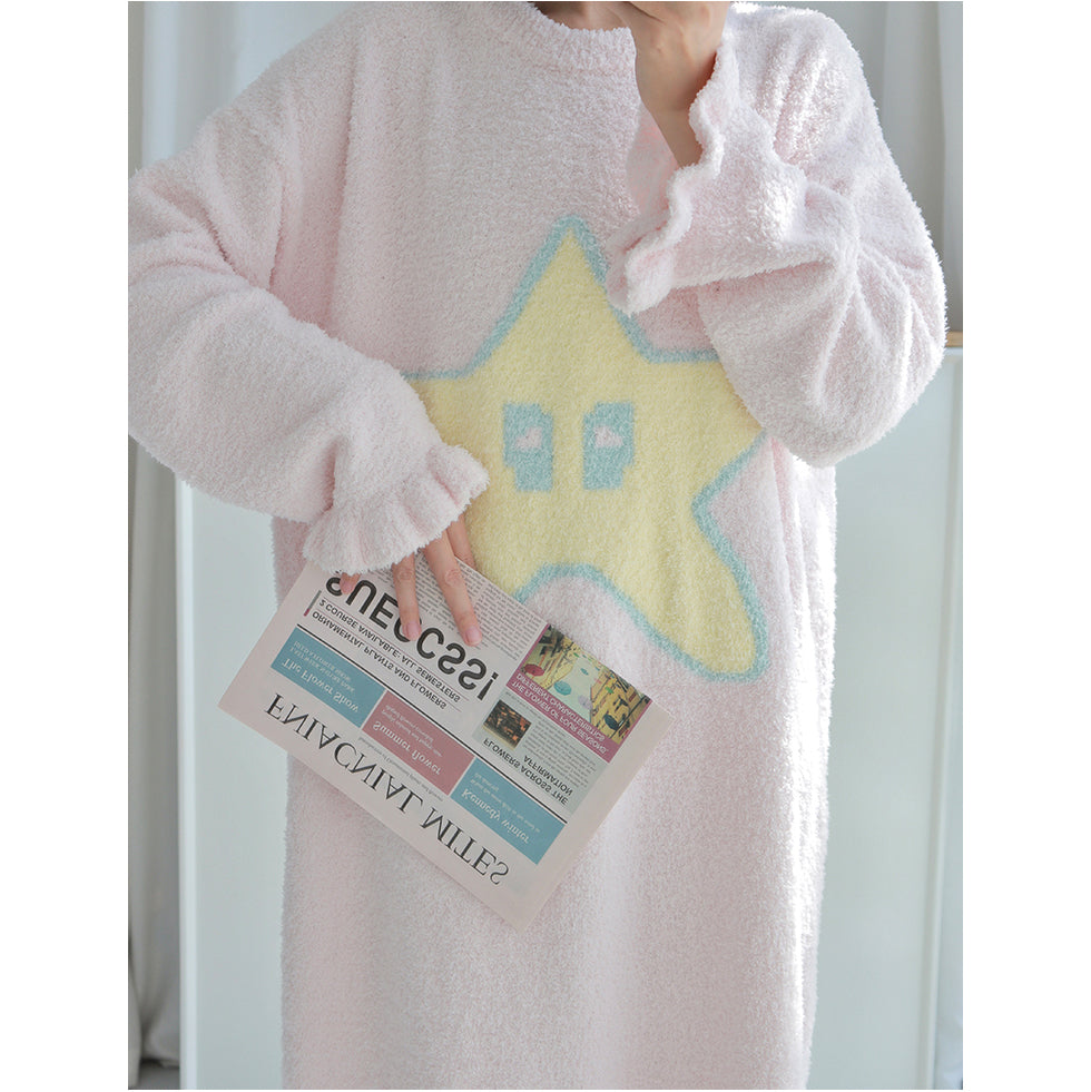 Cute Star Pattern Round Neck Winter Nightgown Pajamas Dress