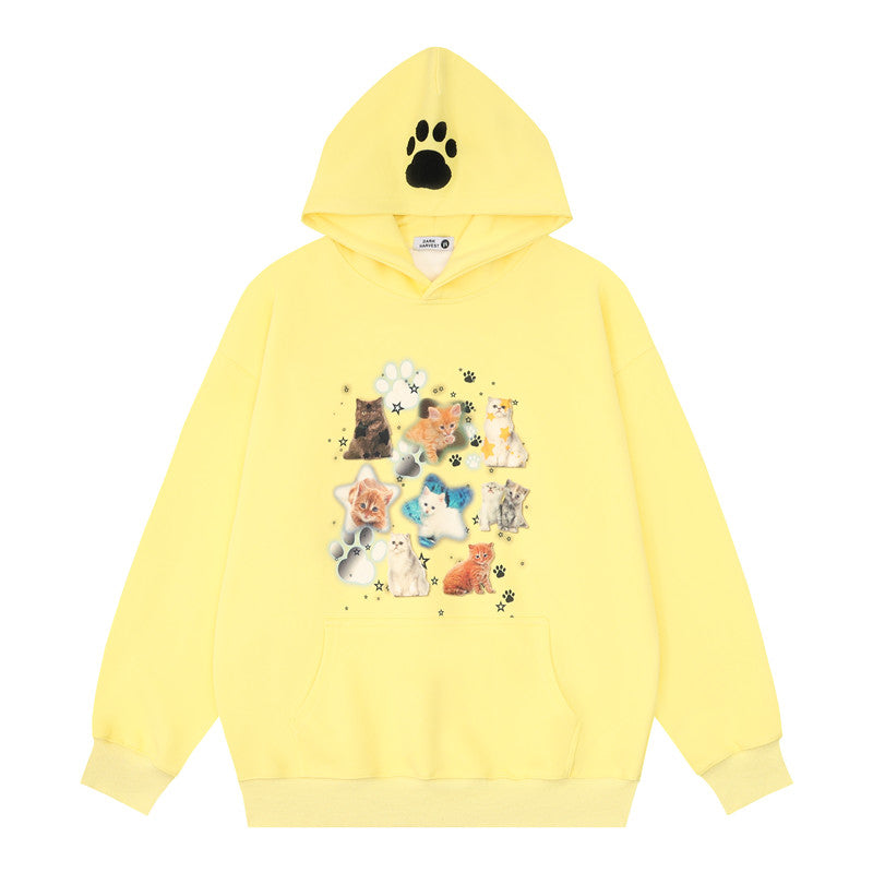 Kittys Print Pocket Loose Hoodie