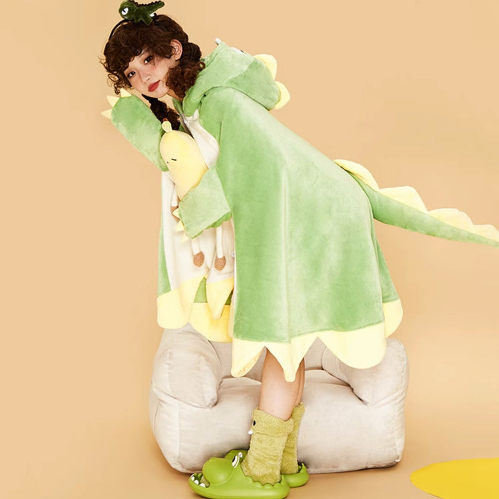 Cartoon Dinosaur Plush Hooded Blanket