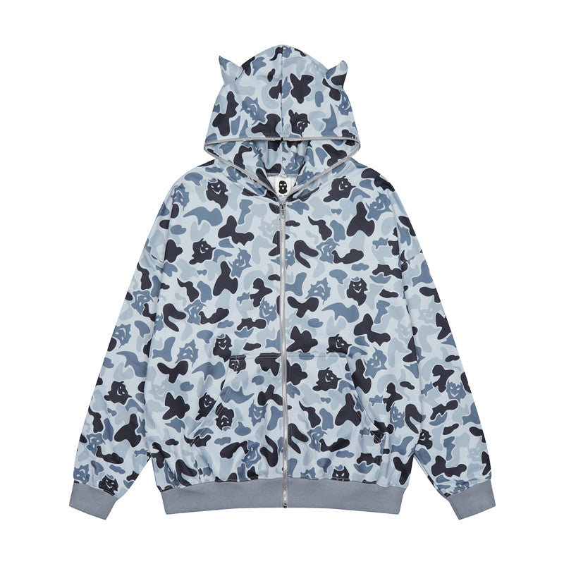 Camouflage Print Pocket Zipper Loose Hooded Sweatshirt