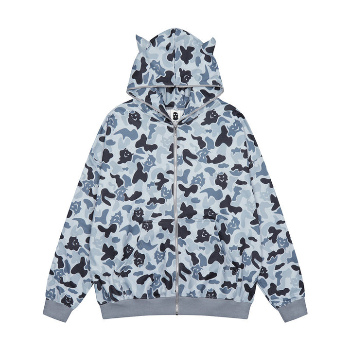 Camouflage Print Pocket Zipper Loose Hooded Sweatshirt