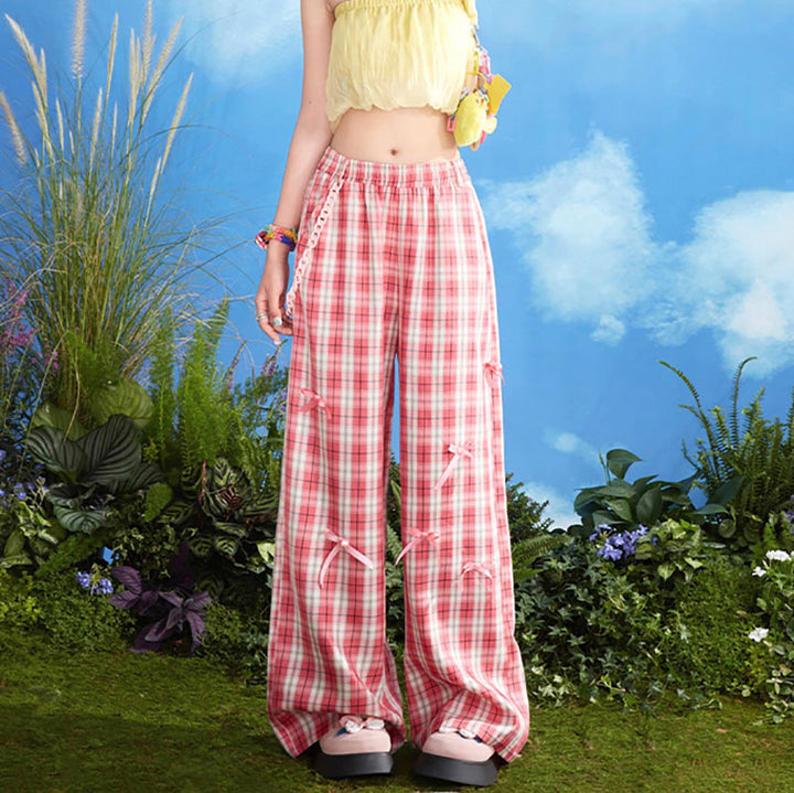 Summertime Chic Butterfly Bow Plaid Straight-Leg Pants