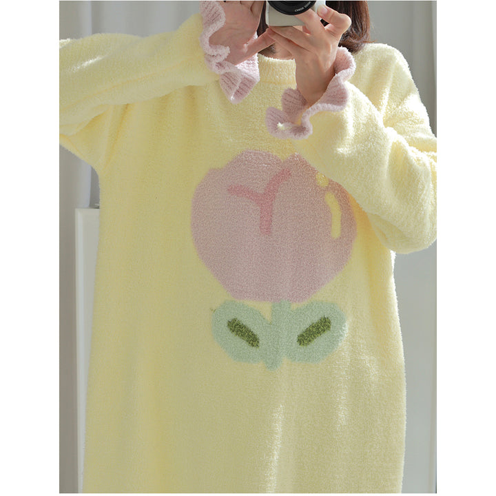 Tulip Pattern Round Neck Winter Nightgown Pajamas Dress