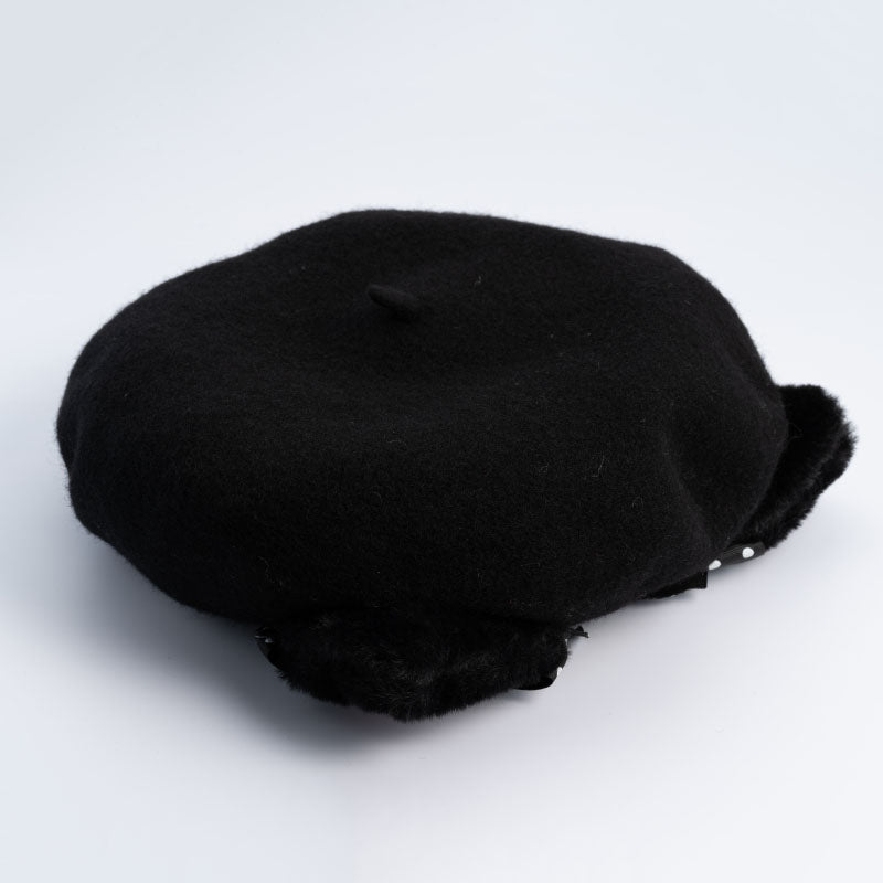 Black Polka Dot Woolen Cat Ears Beret