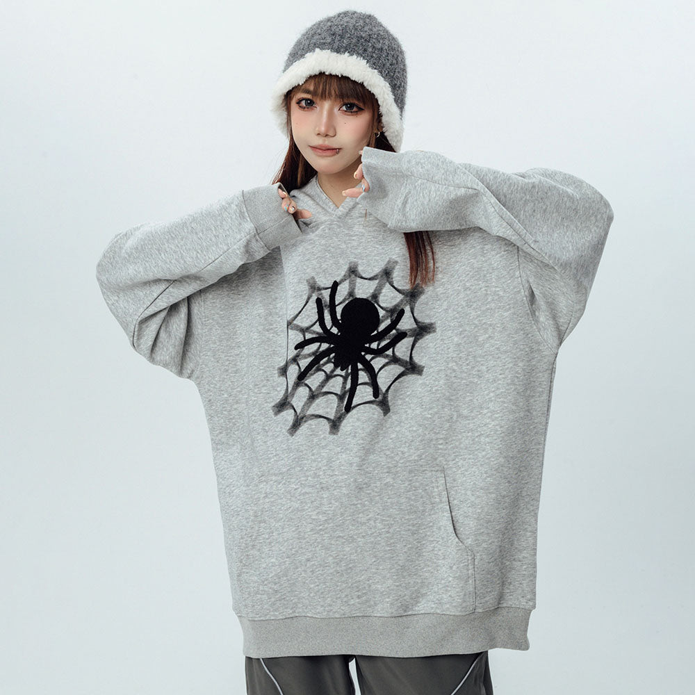 Vintage Spider Web Print Pocket Loose Hoodie