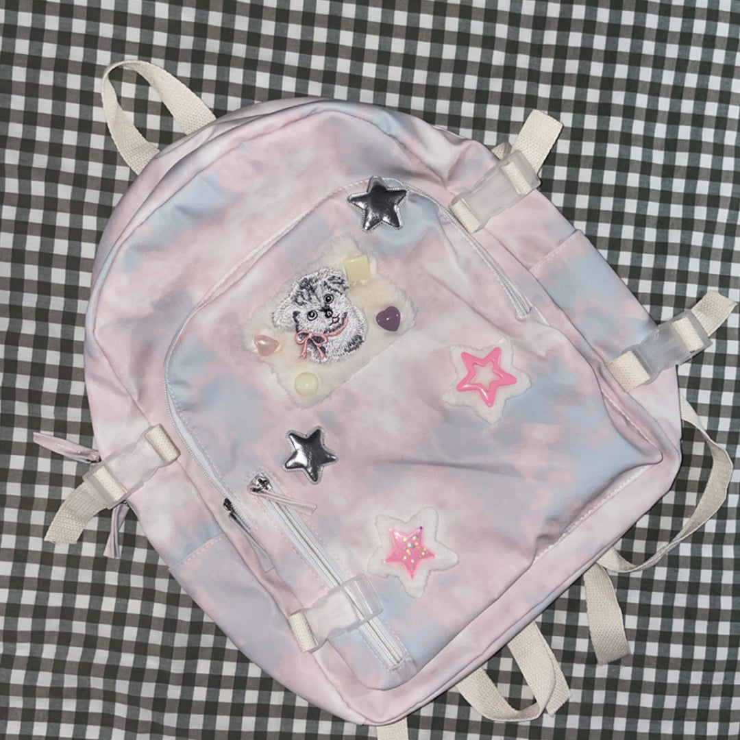 Stars Embroidery Pink Tie-dye Backpack