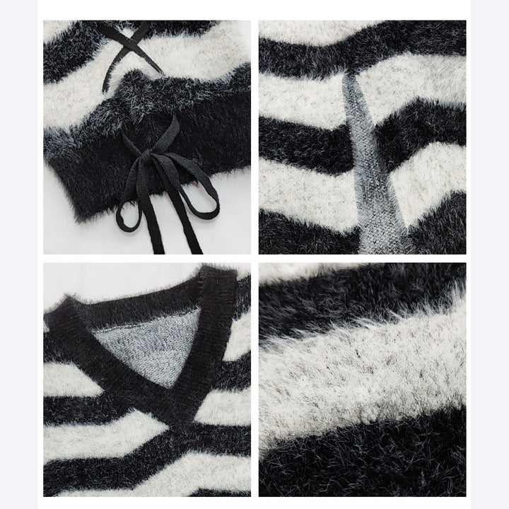 Black and Light Grey Striped V-Neck Sweater