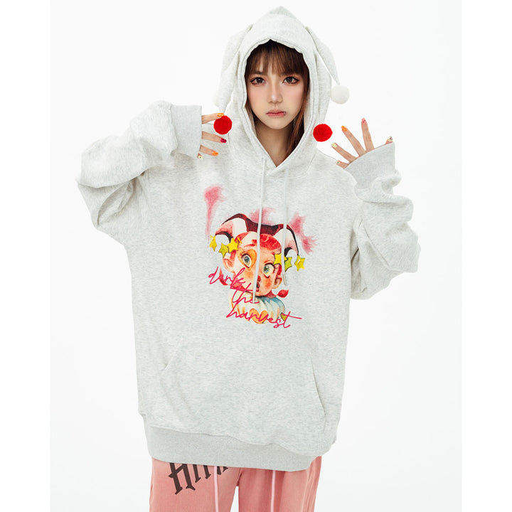 Circus Clown Print Pocket Loose Hoodie