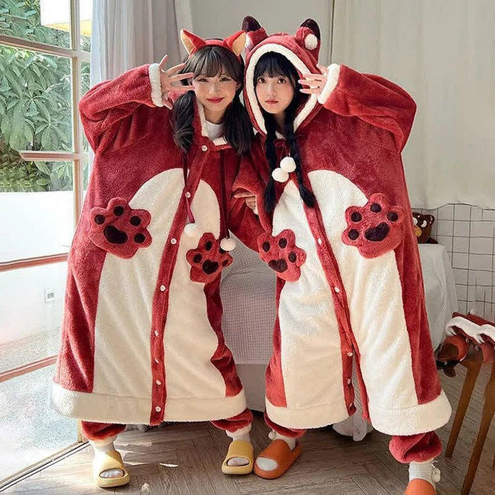 Cute Cartoon Fox Plush Hooded Pajamas Set