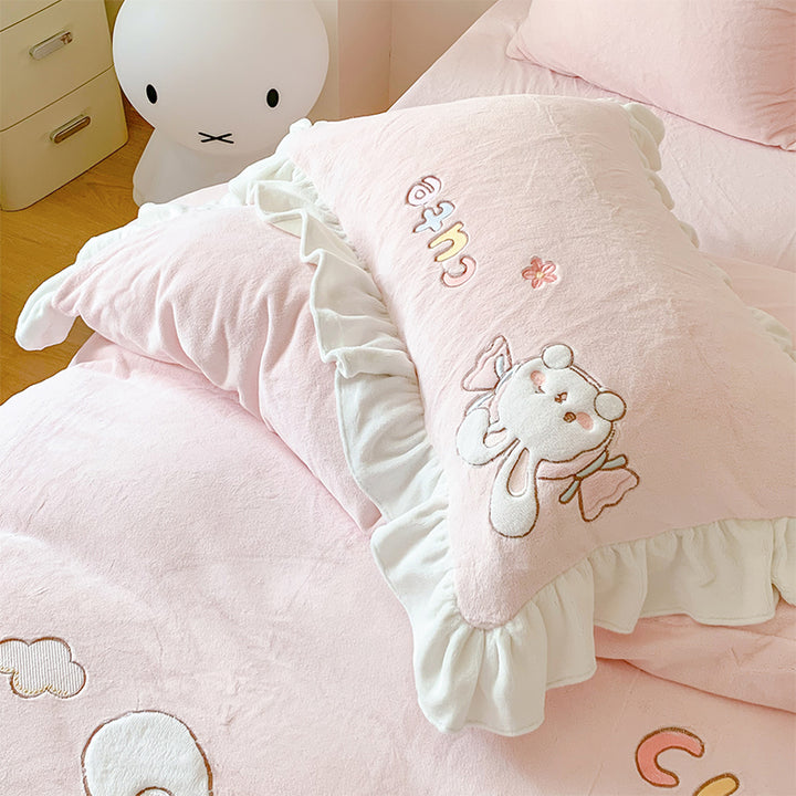 Cute Cartoon Rabbit Mushroom Embroidery Milk Velvet Autumn/Winter Duvet Cover Set