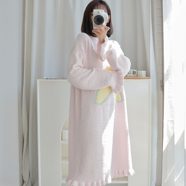 Cute Star Pattern Round Neck Winter Nightgown Pajamas Dress