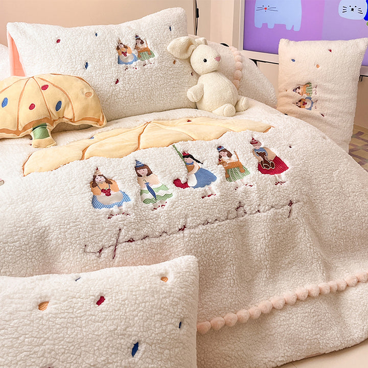 Cartoon Princess Embroidery Milk Velvet Autumn/Winter Duvet Cover Set