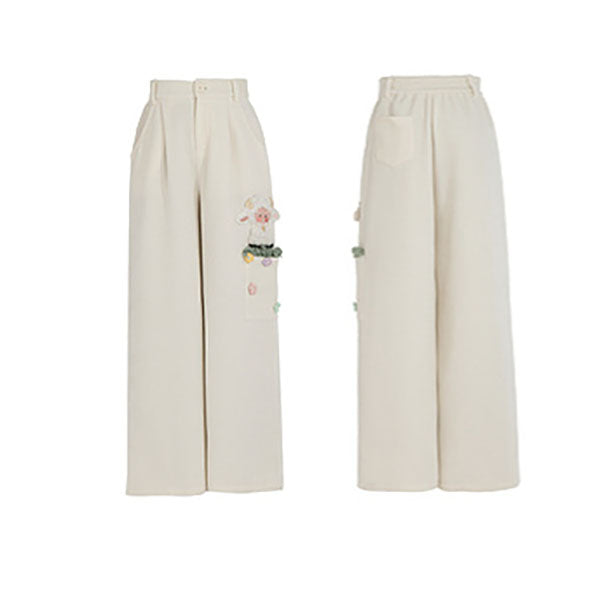 Cute Lamb Embroidered Straight-Leg Pants