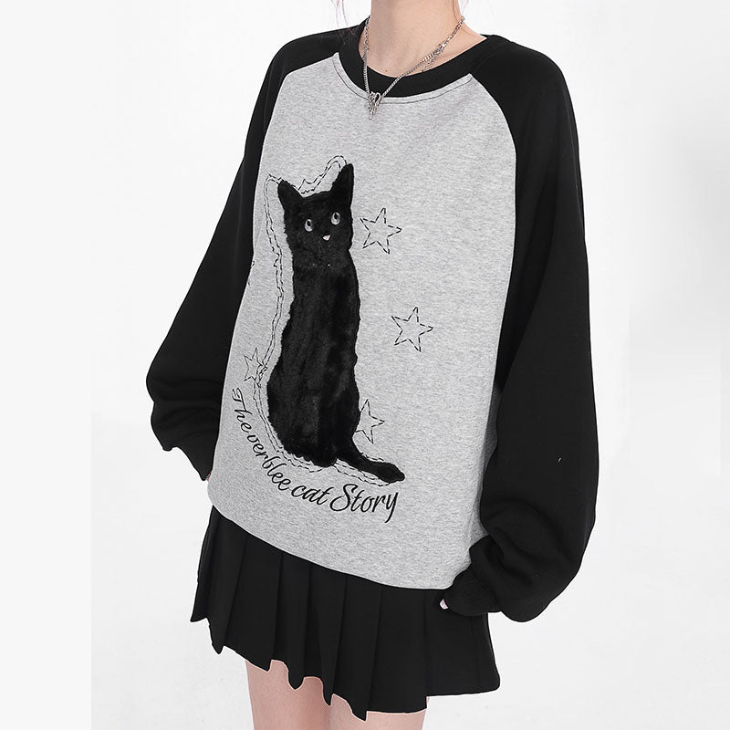 Kitty Print Round Collar Oversize Hoodie