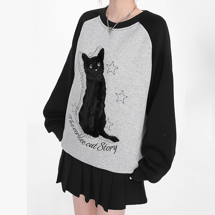 Kitty Print Round Collar Oversize Hoodie