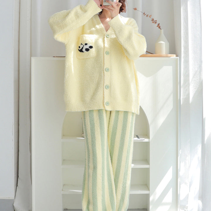 Panda Pattern V-neck Button-up Winter Pajamas Set