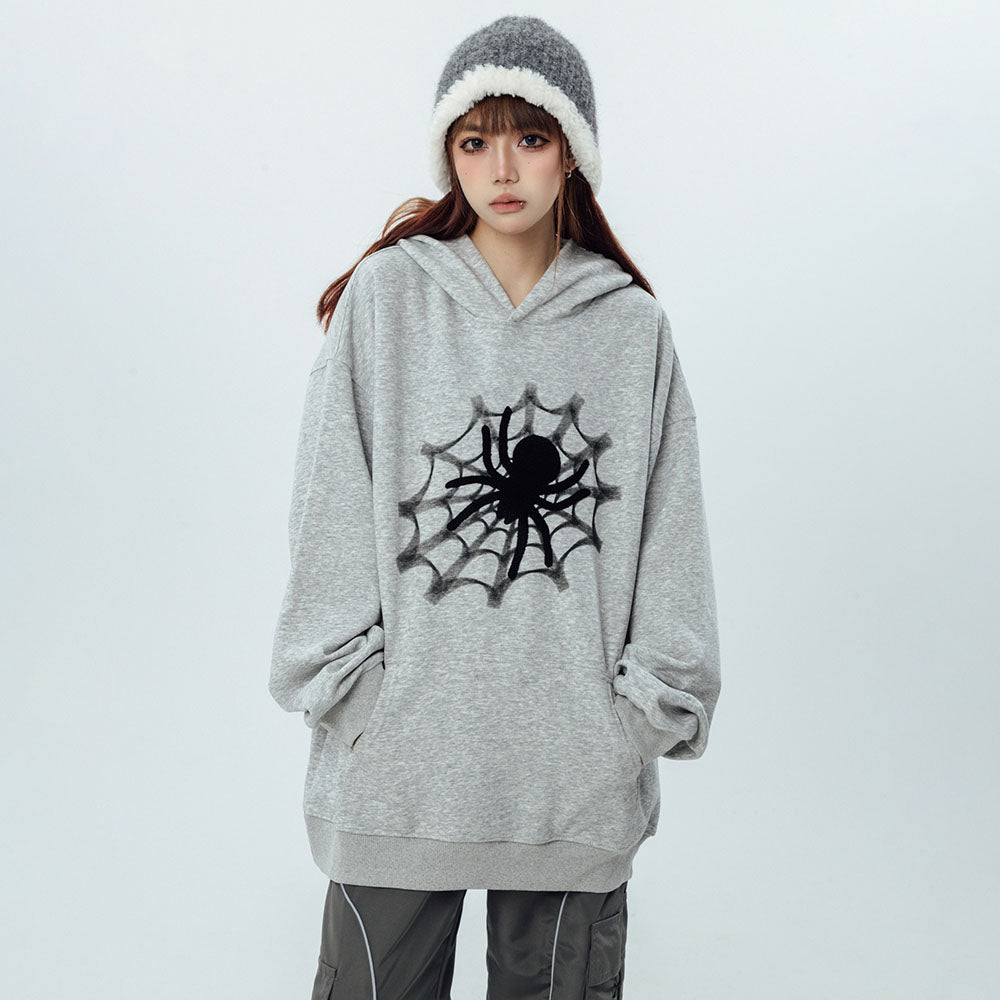 Vintage Spider Web Print Pocket Loose Hoodie