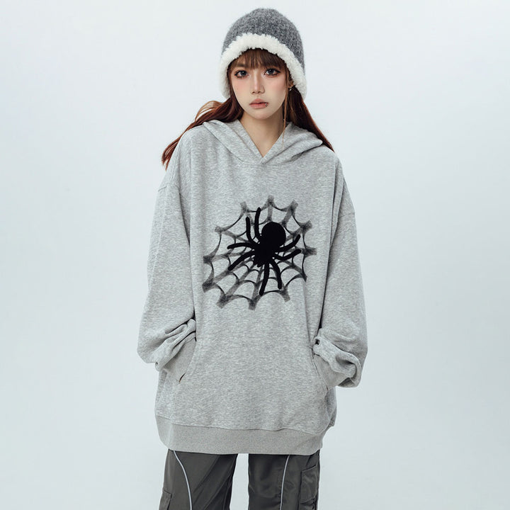 Vintage Spider Web Print Pocket Loose Hoodie