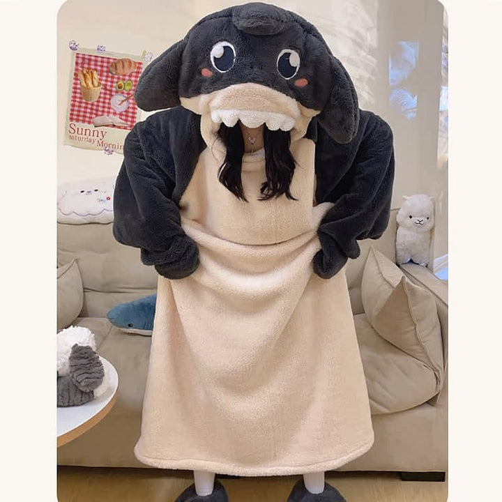 Funny Cartoon Shark Plush Hooded Jumpsuit Pajamas Dress