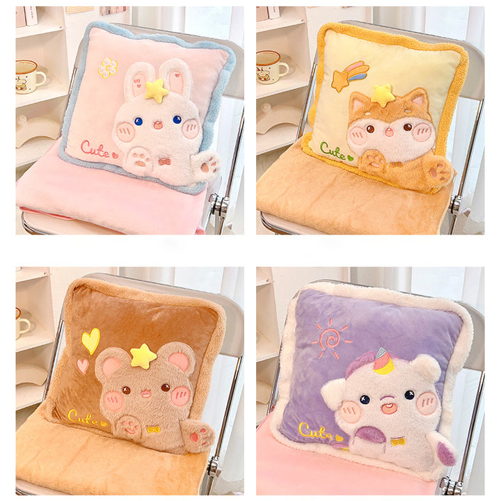 Cute Cartoon Animal Embroidery Pillow with Blanket