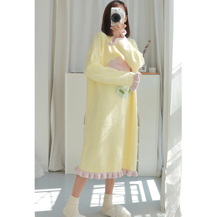 Tulip Pattern Round Neck Winter Nightgown Pajamas Dress