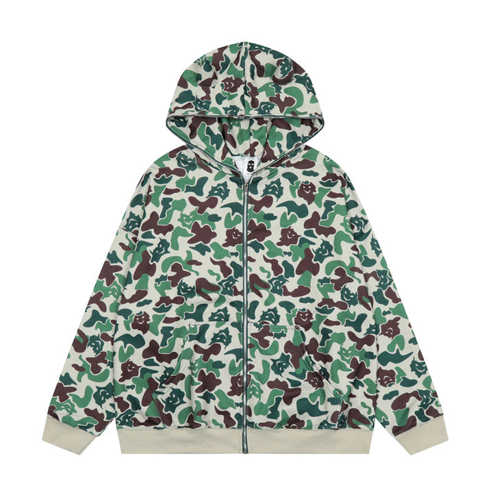 Camouflage Print Pocket Zipper Loose Hooded Sweatshirt