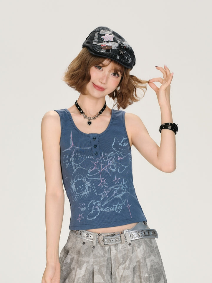 Adorable Cartoon Doodle Casual Summer Top