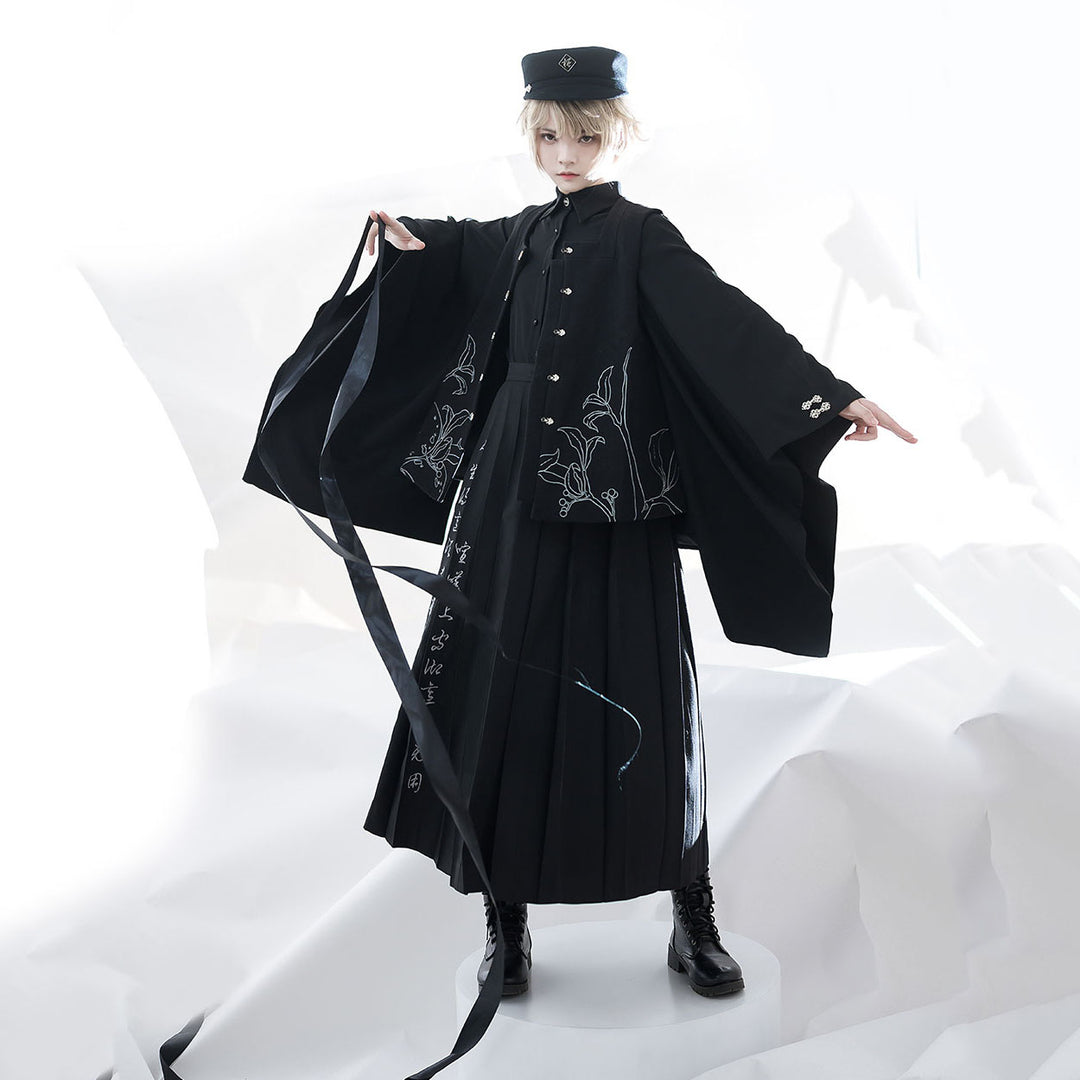 Black Pointed Collar Vintage Wide-Sleeve Blouse